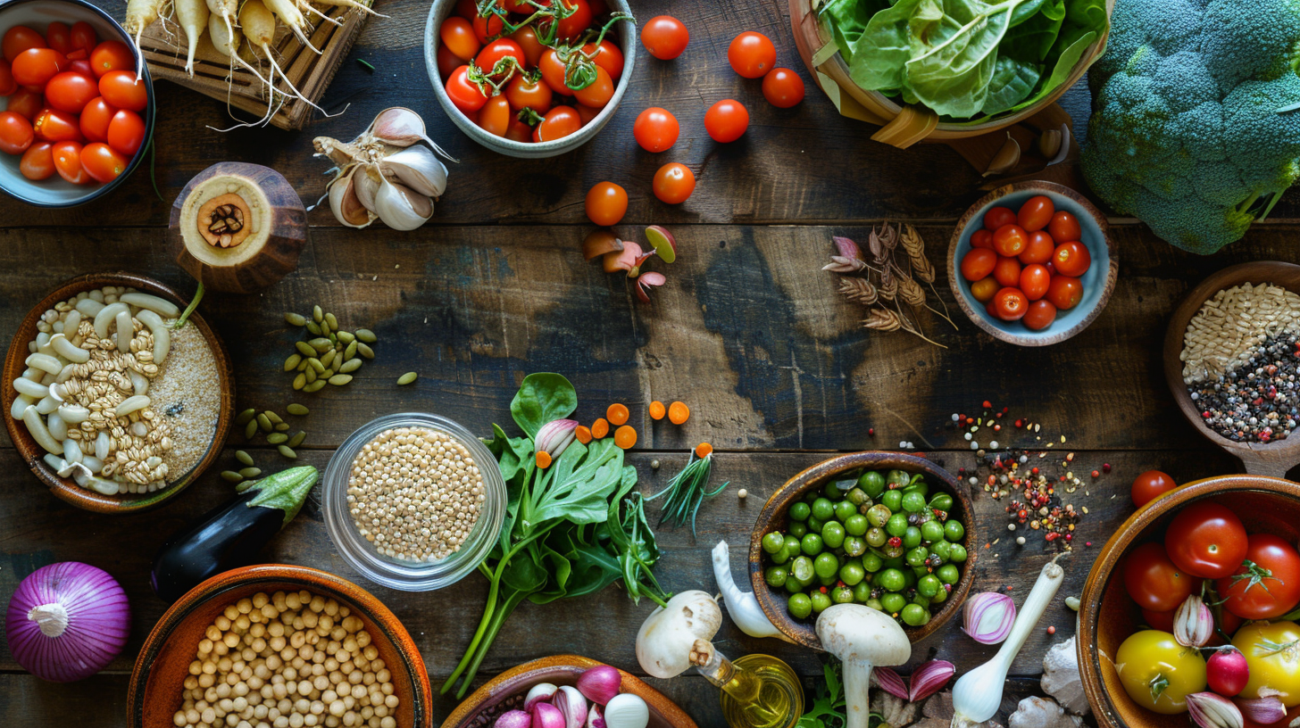 Різноманітні свіжі продукти та овочі